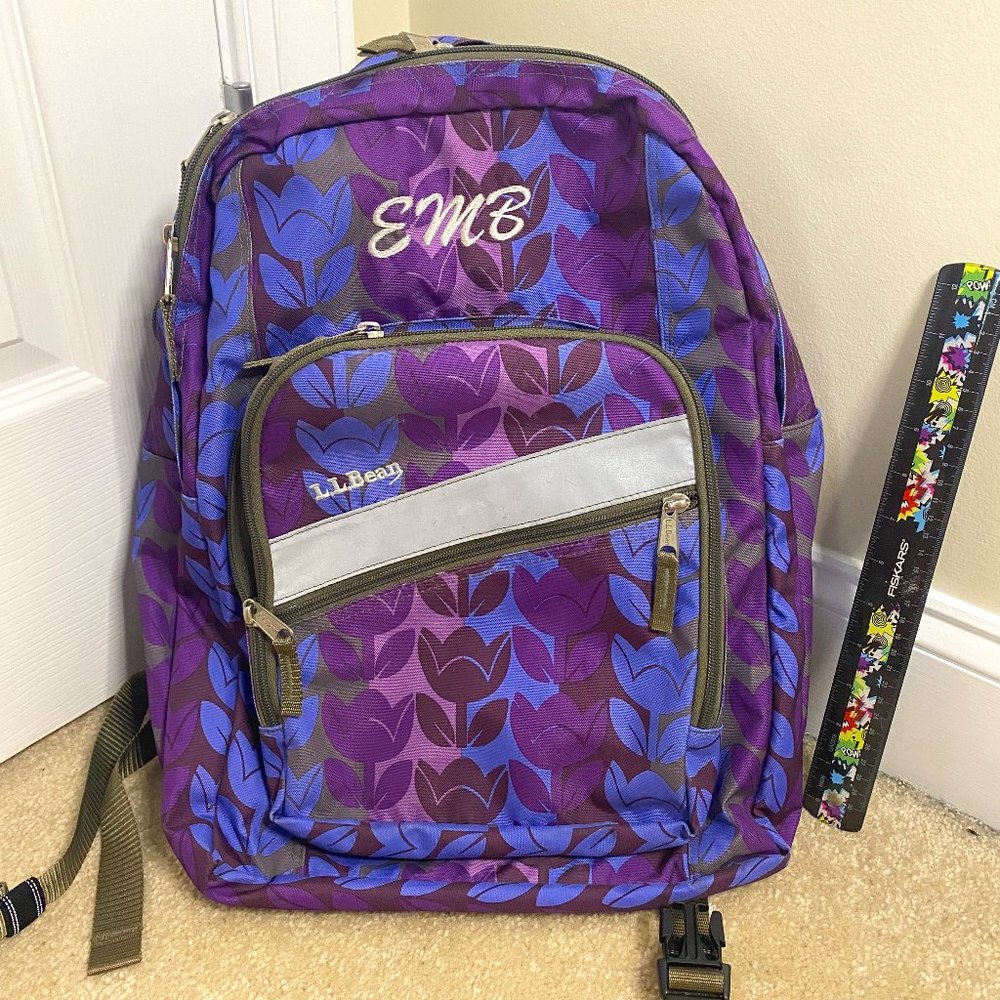 L.L. Bean Monogram Backpack || Purple w/ Blue Flowers